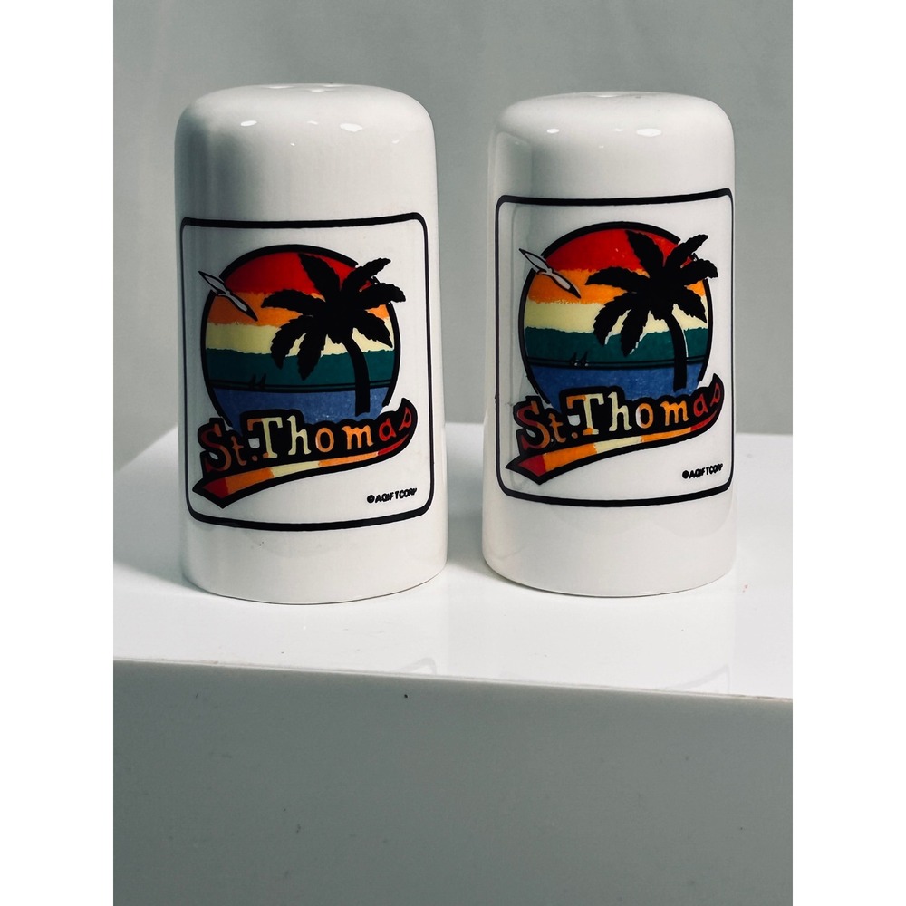 Vintage St. Thomas USVI Salt and Pepper Shakers Retro Sunset Palm Tree Ceramic